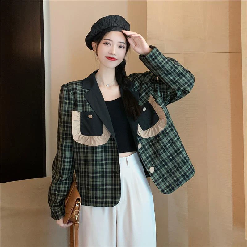 

GIDYQ Vintage Green Plaid Suit Jacket Women Korean Elegant Pockets Long Sleeve Blazer Coat Harajuku Retro Office Lady Casual Top