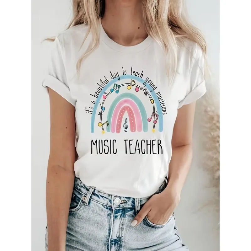 Letter Teacher Graphic T-Shirt Women’s Casual Crew Neck Short Sleeve Top Heart-Shaped Pencil Apple Print Soft Daily Wear
