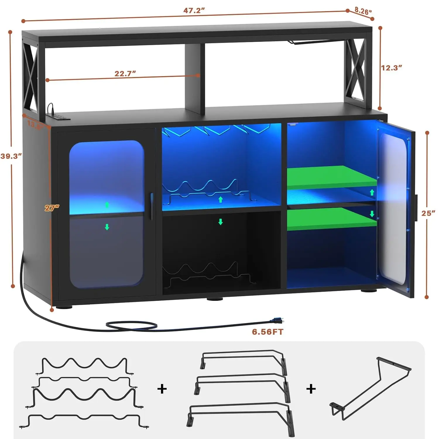 Armoire de Bar avec prises de courant, liqueur avec lumières Led et support en verre, Bar à café Buffet de rangement pour