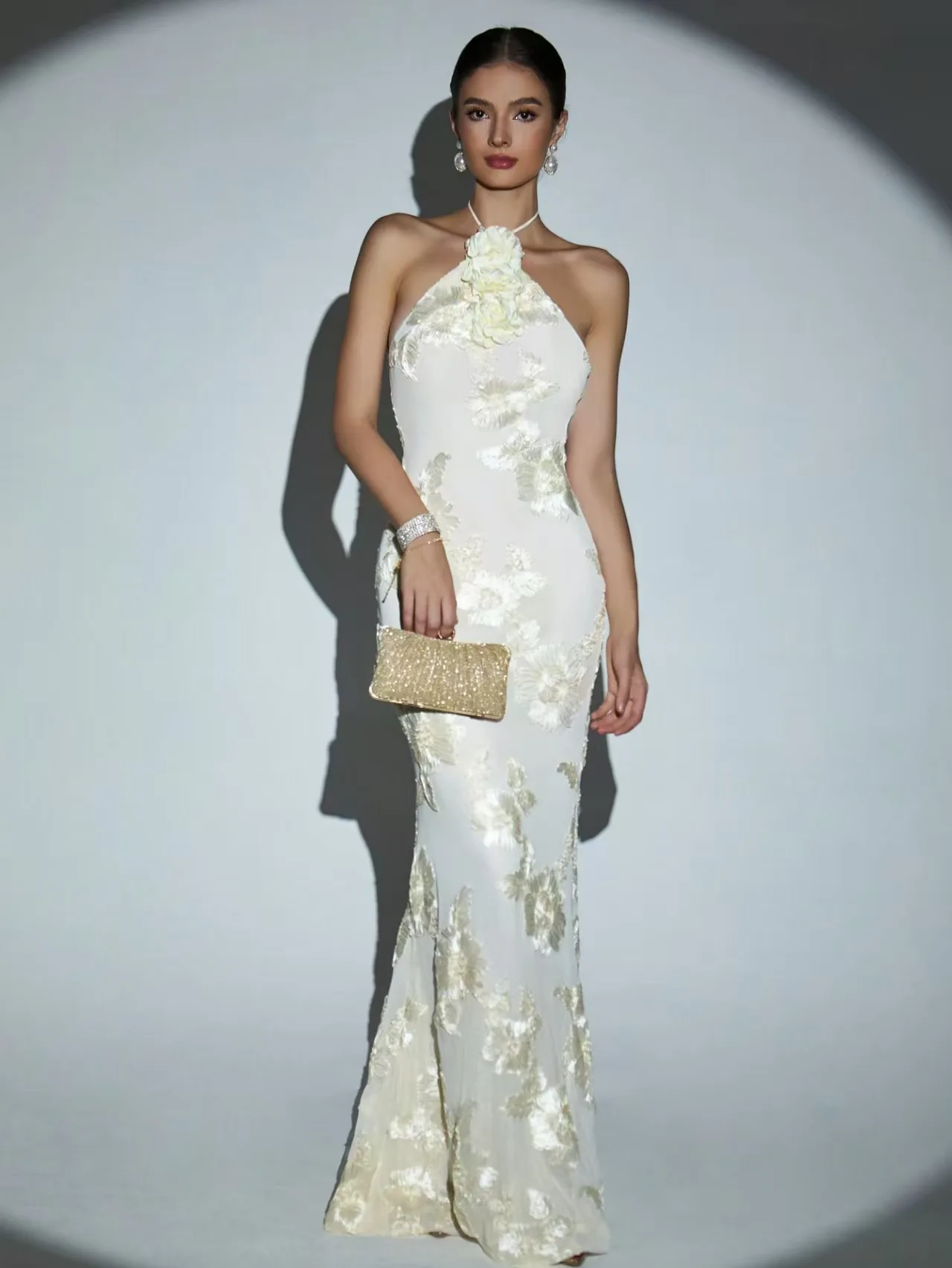 VOORRAAD Vrouwen Sexy Halter Uit de Schouder Borduren Bodycon Lange Jurk Elegante Avondfeest Verjaardag Cocktail Outfit