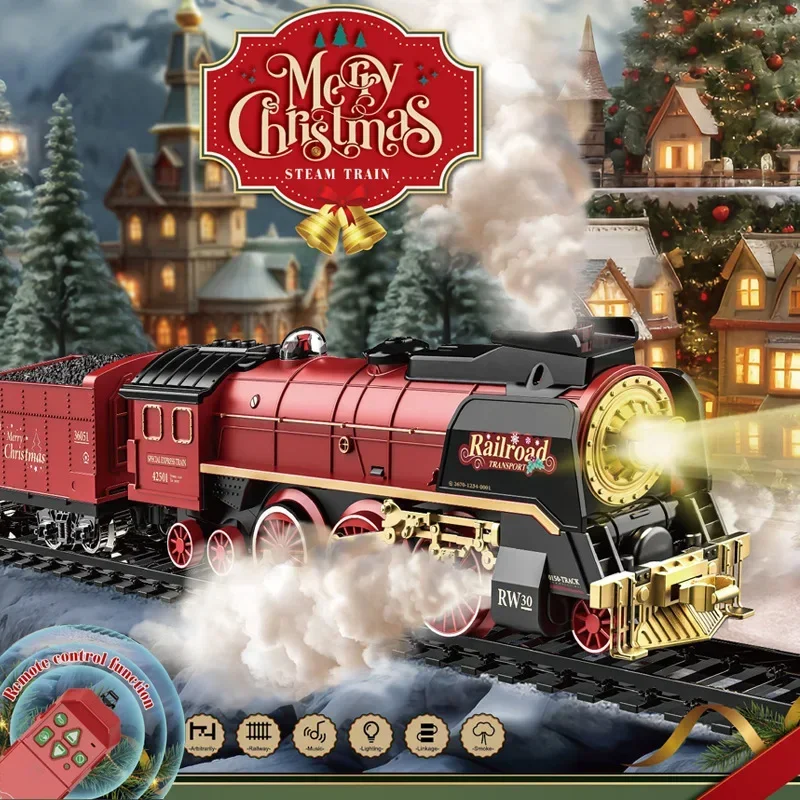 Foreign trade retro steam train toy electric rail car remote control model light plus water smoke Christmas series