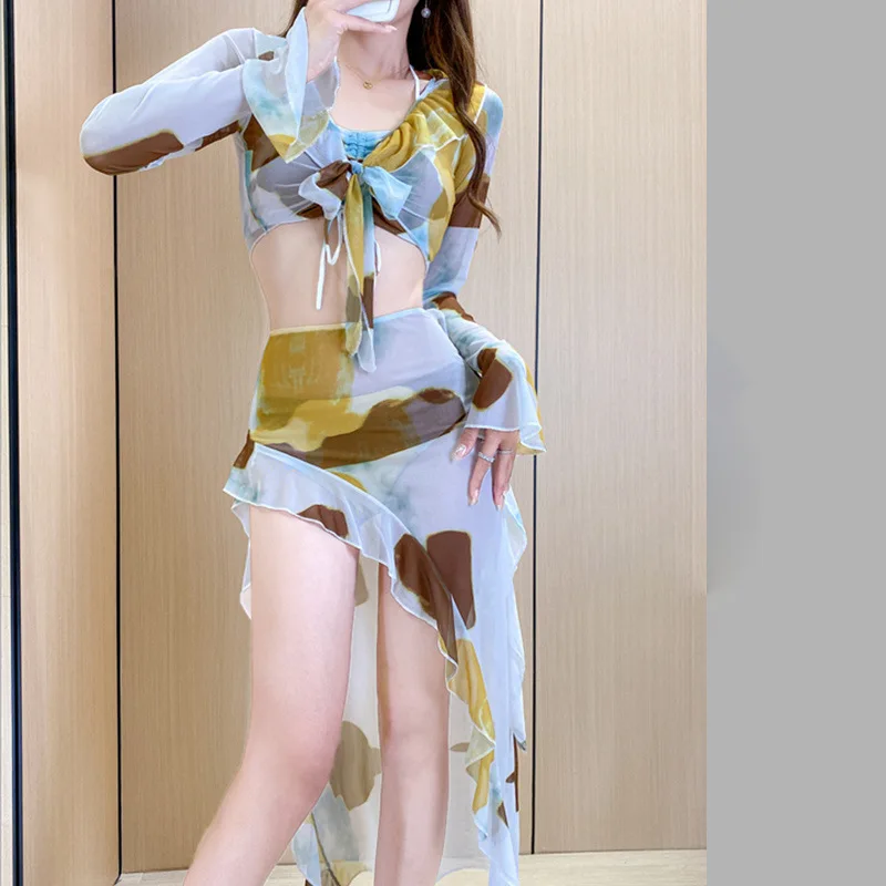 sexy tie dye print bikinis sets 4pcs with long sleeve mesh cover tie ruffles irregular long skirt swimsuit swimwear biquini