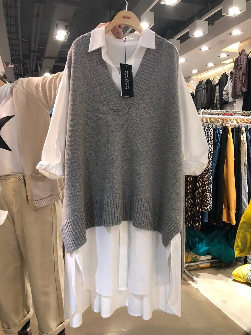 

Loose Large Size V-Ne Camere Sweater Vest Women's Outerwear Autumn Winter Faion College Sle Mid-Length Knitwear