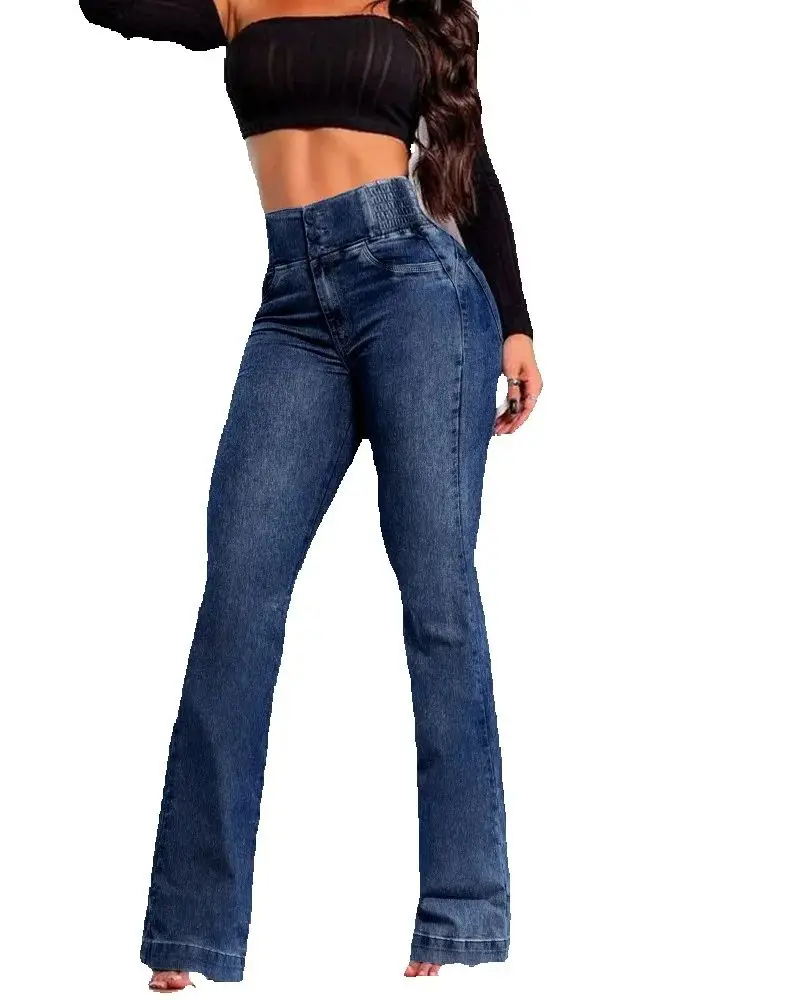 

High Waist Skinny Flared Denim Jeggings Curve Ease Back Shirred Button Front Women's Jeans Spring Casual Trousers Plain Pants