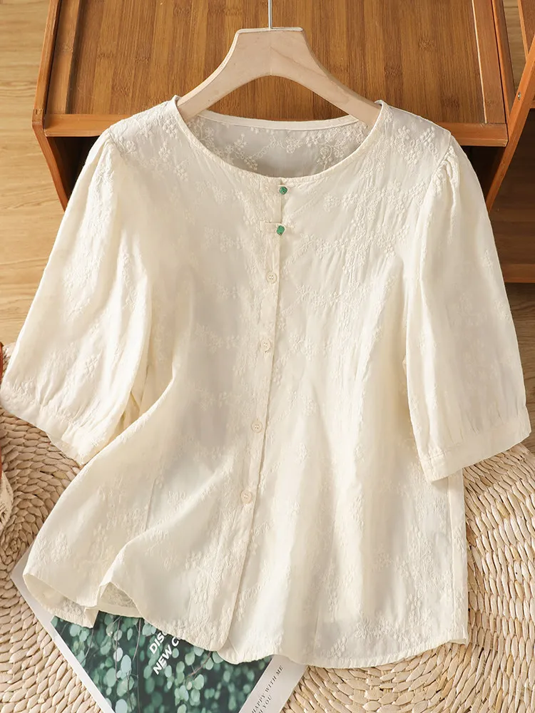 

Loose Fit Embroidered Short Sleeve Shirt Women's plus Size Summer Artistic Style Breathable Casual Cotton Blend Button up