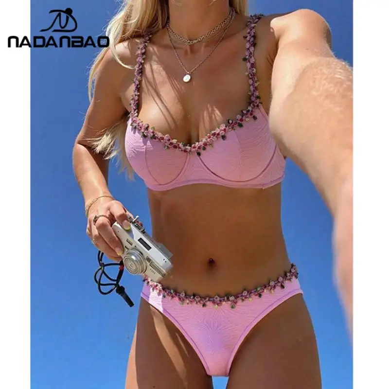 Nadanbao Elegant 3D Flowers Bikini Women's Sexy Pink Textured Swimsuit Thin Straps Bathing Suit Summer Seaside Beach Swimwear