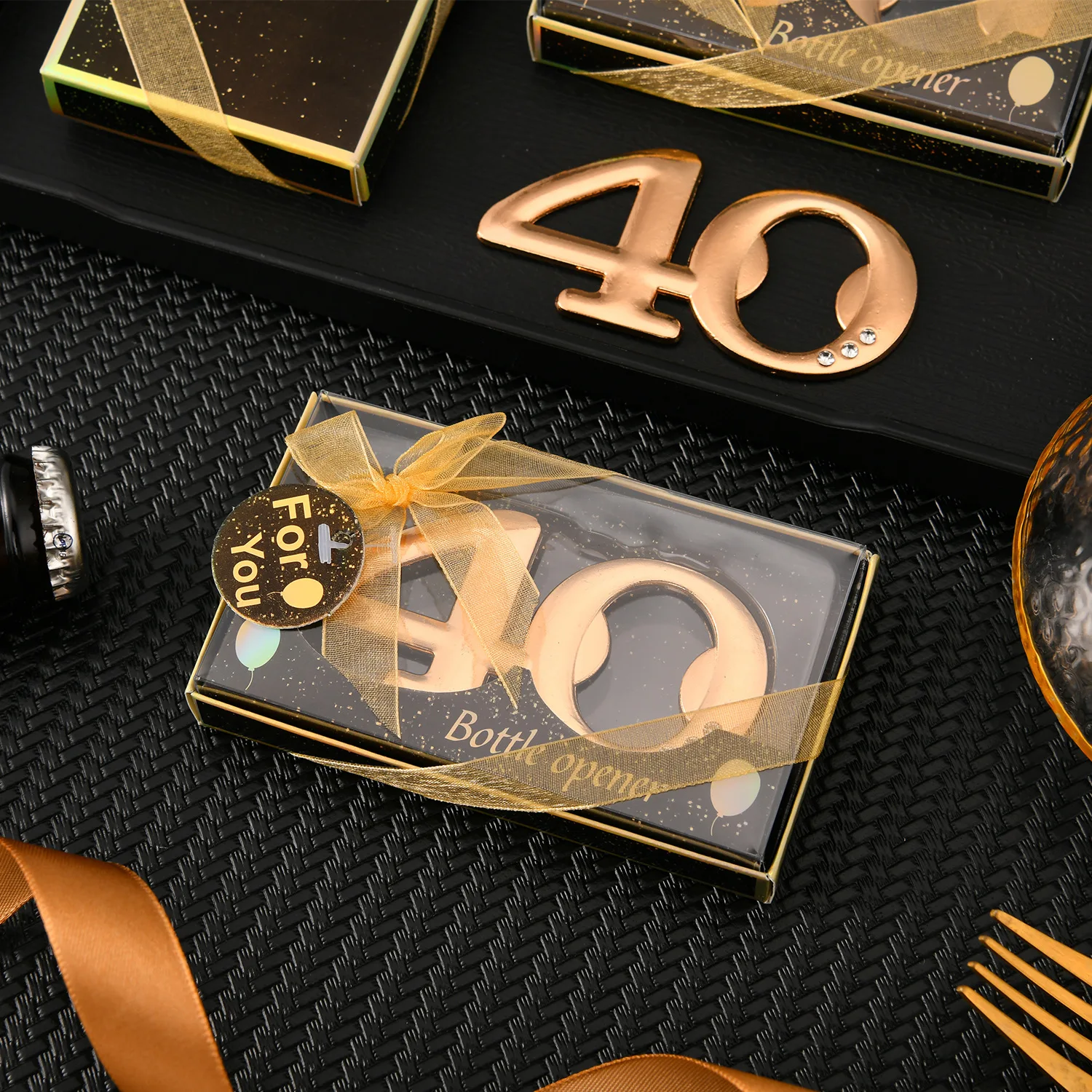 Bottle Opener for Birthday Party, Black and Gold Theme, Number 40, Party Gift