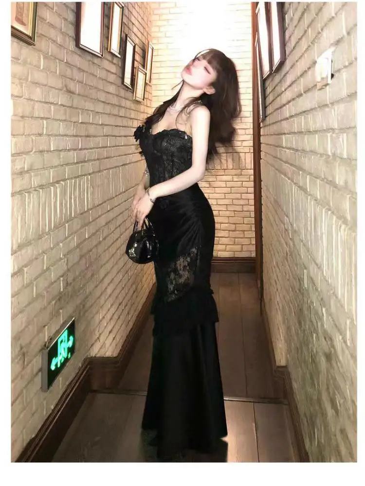 

Summer French Black Patchwork Lace Elegant Pleated Strapless Slip Long Dress Women's Beige Sexy Backless Party Fishtail Dresses