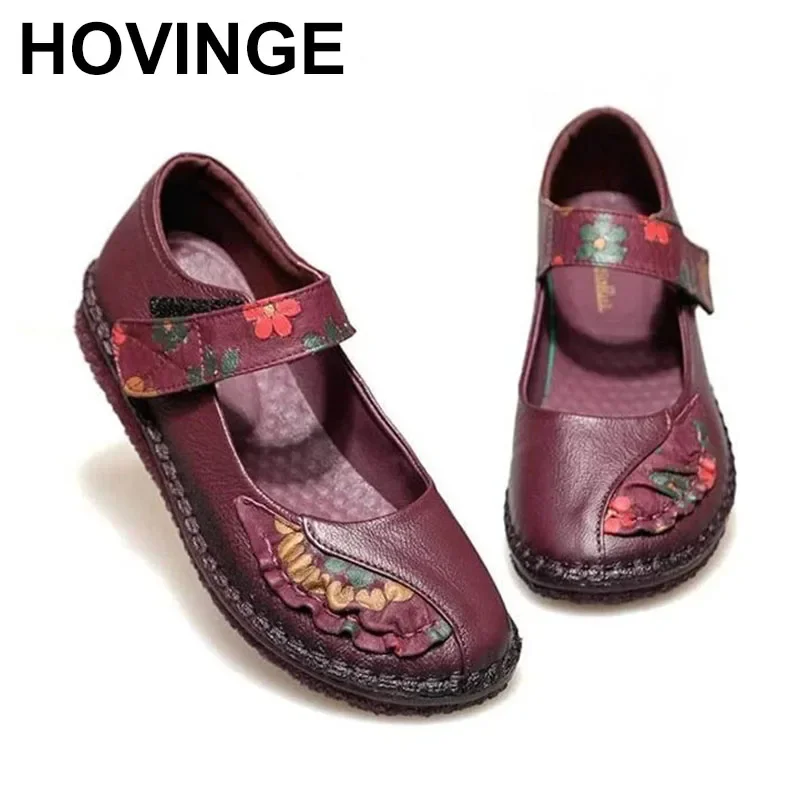 

Women Genuine Leather Shoes Summer Mary Janes Ladies Flower Printing Soft Flat Shoes Slip On Moccasins Comfy Vintage Flats