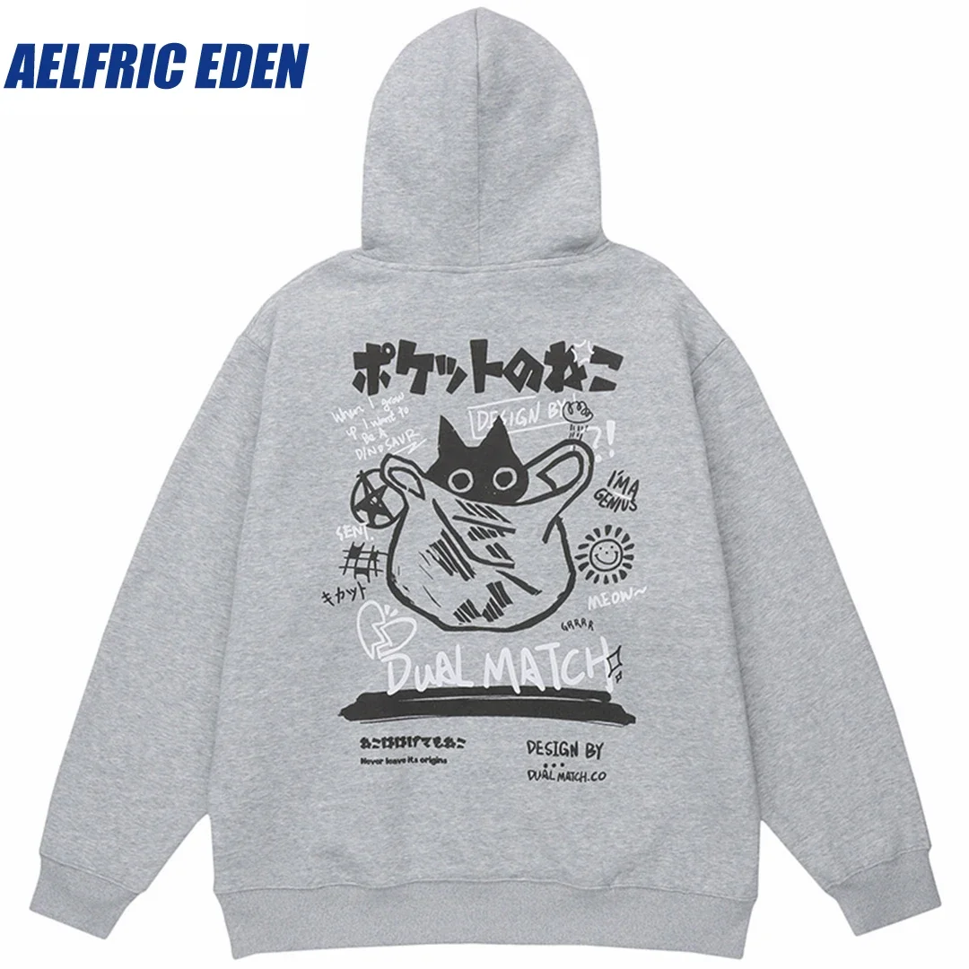 Aelfric Eden Funny Cat Japan Kanji Graphic Hoodie 2023 Men Japanese Harajuku Hoodie Streetwear Sweatshirt Cotton Hooded Pullover