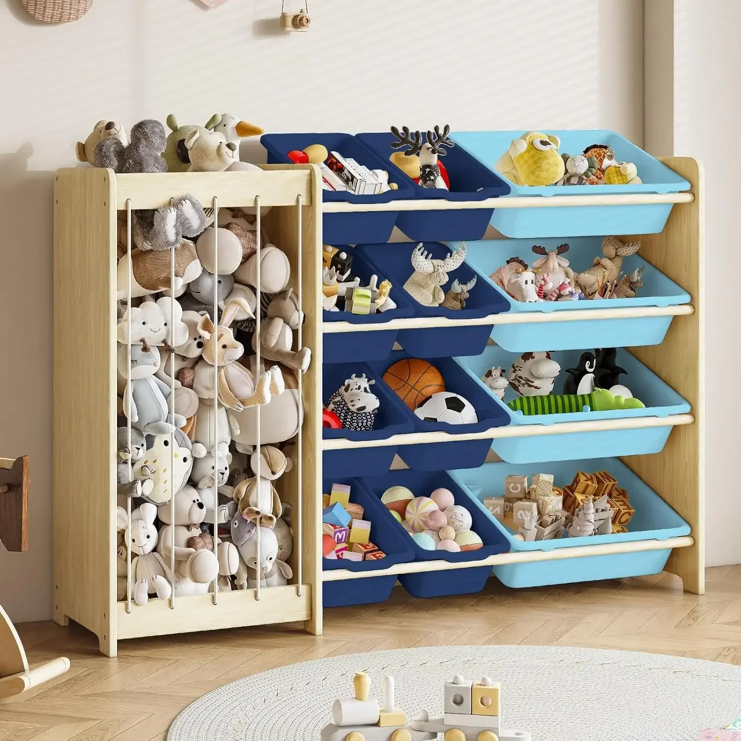 Blue Toy Storage Organizer 2 In 1 Stuffed Animal Storage Wood Rack With Bins Elastic Ropes For Playroom Nursery Bedroom