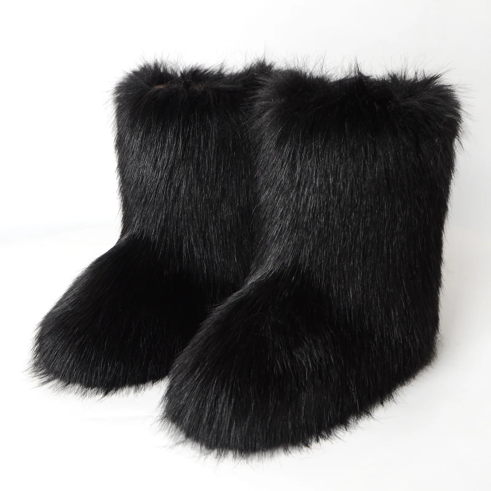 Women Faux Fur Boots Winter Fluffy Plush Warm Mid Calf Snow Boots Luxury Fashion Furry Boots Comfortable Outdoor Flat Shoes