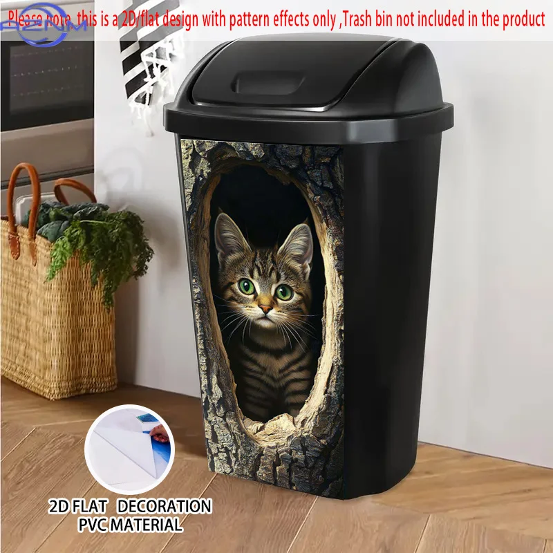 Realistic Cute Kitty Peeking from Tree Hole - Large 14.57x32.28 Inch (37x82cm) Self-Adhesive Trash can Decoration, No Tools Ne