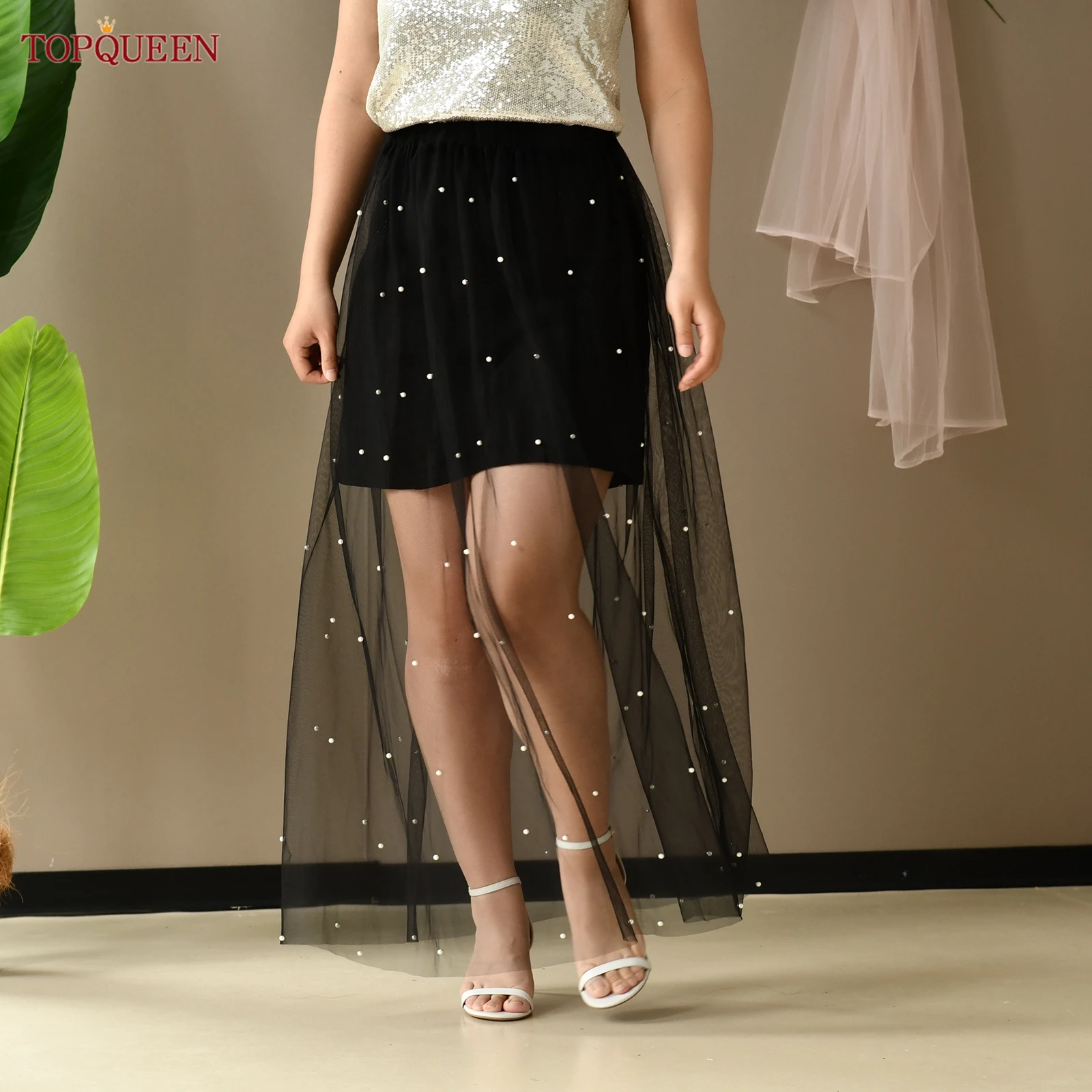 TOPQUEEN New Black Pearl Tulle Skirt Bridal Dress Removable Bridal Pearl Skirt Party Skirt Accessories Customizable V210
