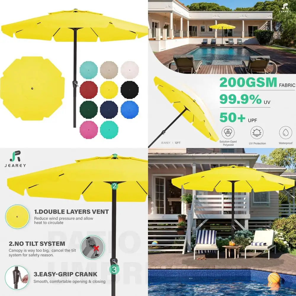 

Patio Market Table Umbrella Outdoor 12 Feet 2-Tier with Crank, 8 Ribs, UV and Waterproof Sun Protection, Yellow