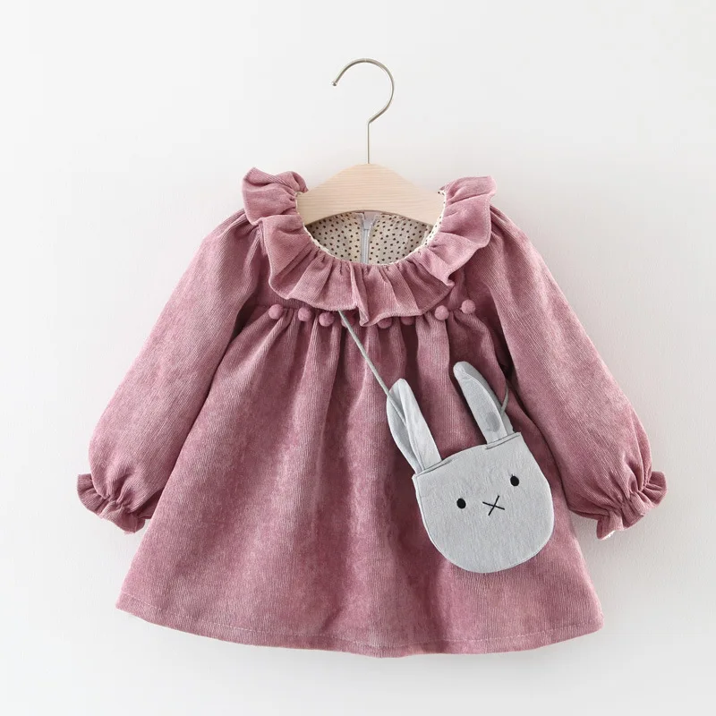 Baby Girl Clothes Children Casual Dress Toddler Solid Bow Long Sleeve Princess Dresses Outfit Infant Spring  Dress with bag