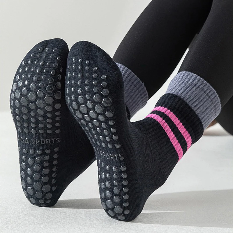 Cotton Breathable Mid-calf Yoga Socks Solid Color Striped Anti-slip Sports Socks Pilates Dance Fitness Training Socks