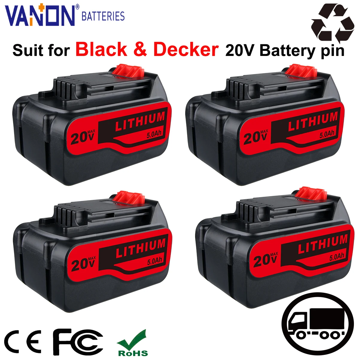 

VANON 1/2/4Pack LB2X4020 20V 5.0Ah Lithium Battery LBXR20 LBXR20-OPE LB20 LBX20 LBX4020 Replace for Black and Decker Battery pin