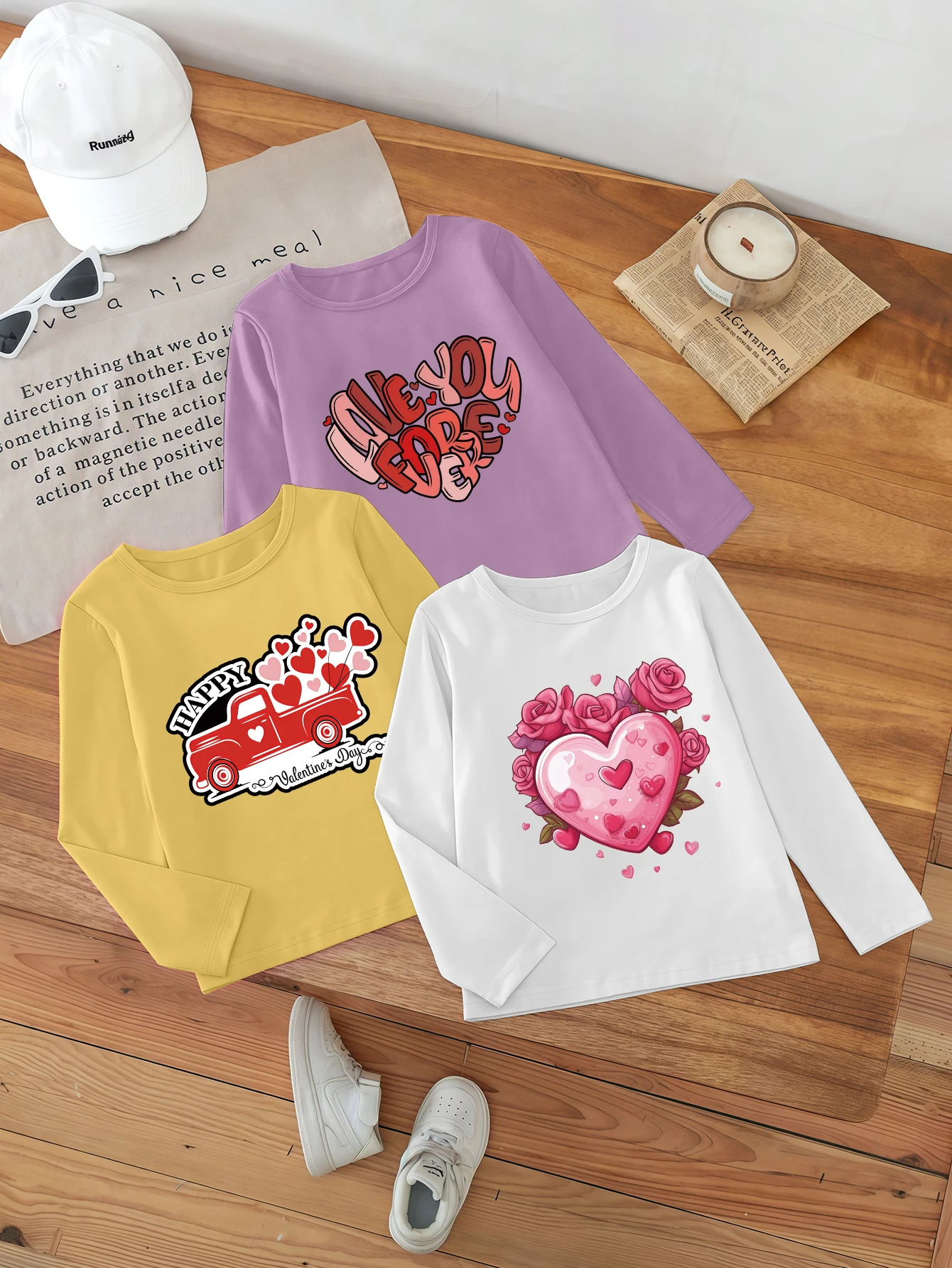 

3-х предметов, мультяшные сердечки, принт с рисунком автомобиля, милая повседневная базовая рубашка для девочек