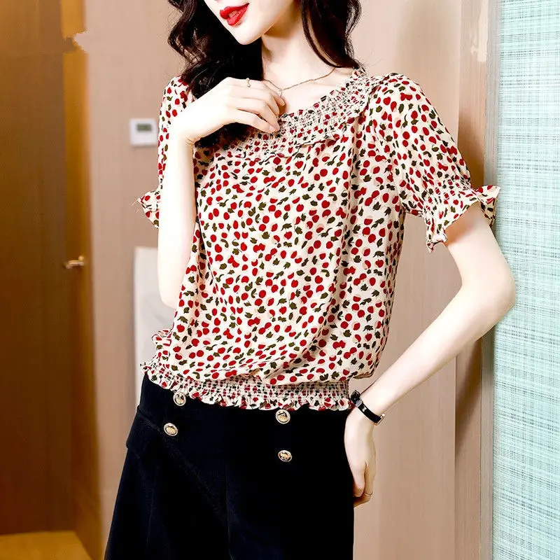

French Style Polka Dot Printed Shirt Fashion Broken Flowers Summer New Elegant Slash Neck Female Ruffles Shirring Spliced Blouse