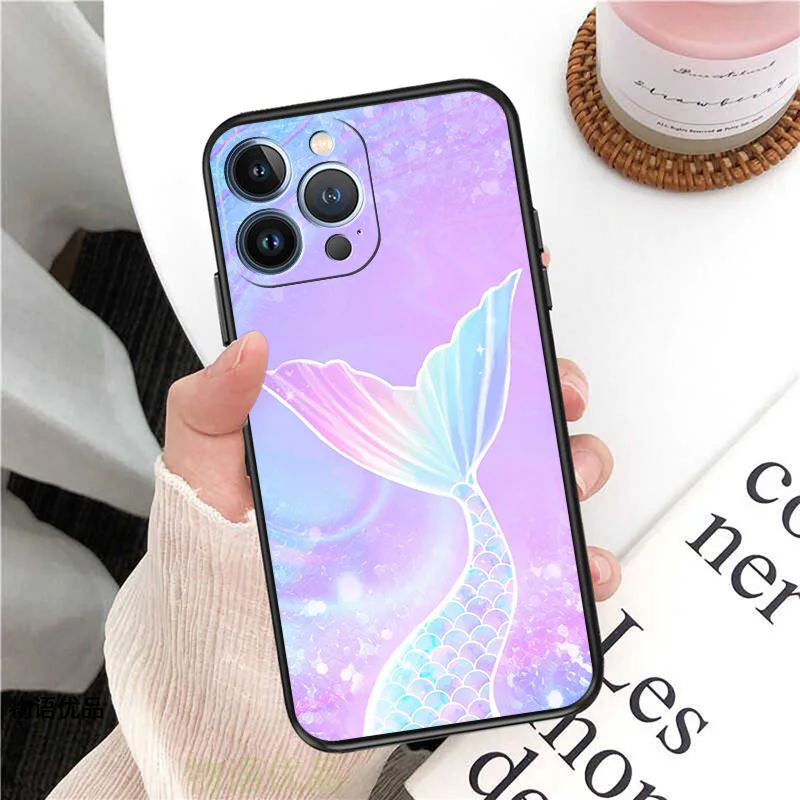 Phone Case for iPhone 16ProMax 14 13 15 Pro Max 12 11 XR SE 7 8 16 Plus Mermaid Colourful Shiny Scales Soft Black Silicone Cover