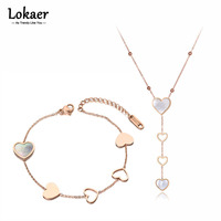 Lokaer Titanium Stainless Steel White Shell Love Heart Choker Necklaces Bracelets For Women Girls Trendy Jewelry Sets SE073