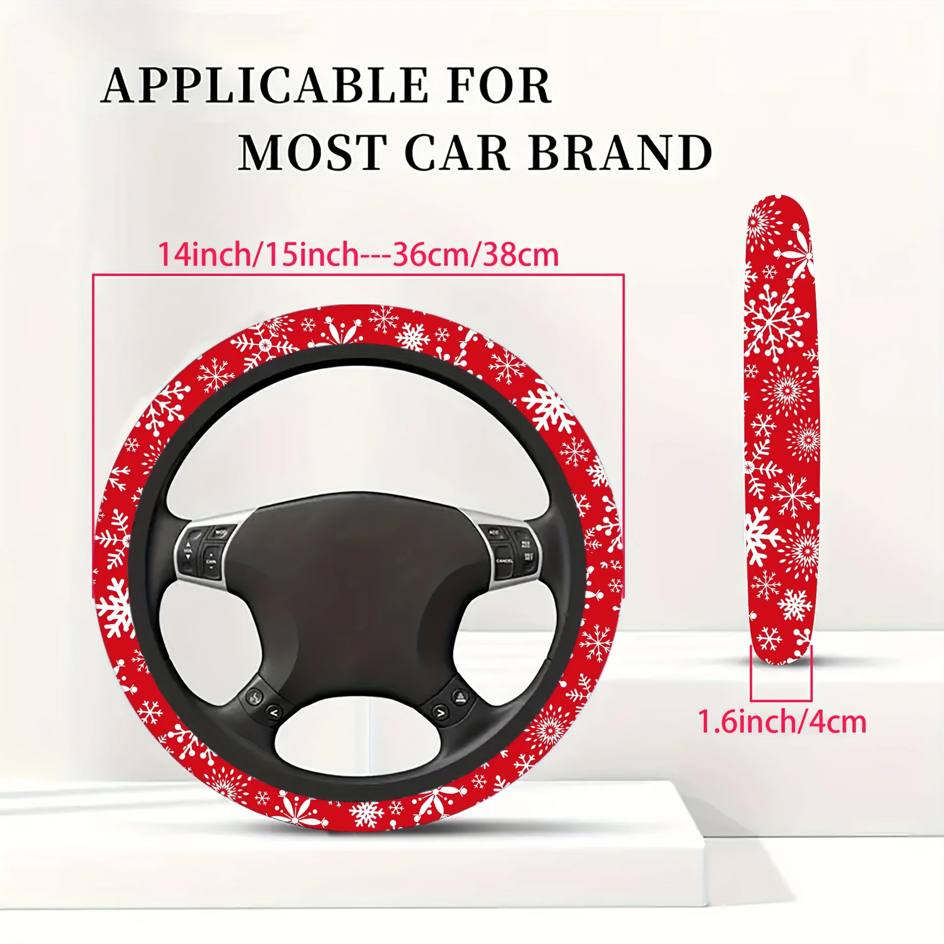 1pc Festive White Snowflake Christmas Car Steering Wheel Cover - 15-Inch Non-Slip Chloroprene Rubber, Red & White Holiday Design