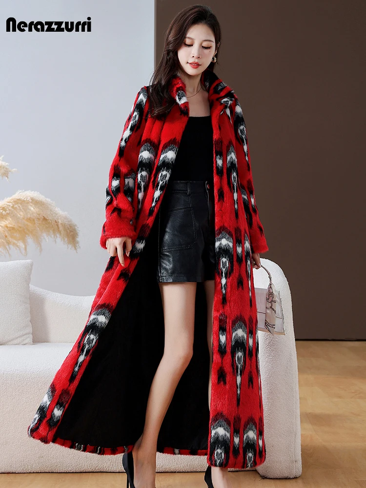 Nerazzurri Winter Extra Long Colorful Thick Warm Fluffy Faux Mink Fur Coat Women Stand Collar Chic Luxury Designer Clothes 2023