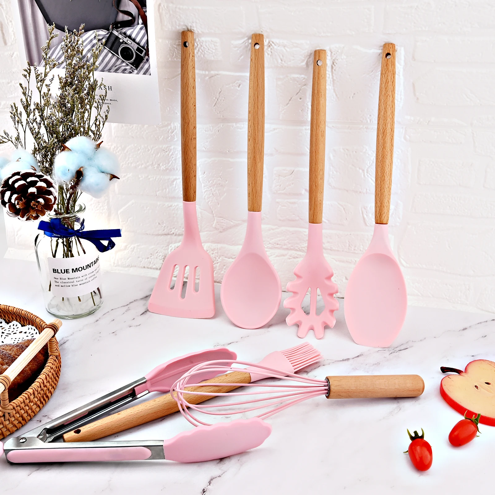 34Pcs Pink Non-Stick Wood Handle Silicone Kitchenware Cooking Utensils Kitchen Accessories With Measuring Cup Spoon Mat Hook