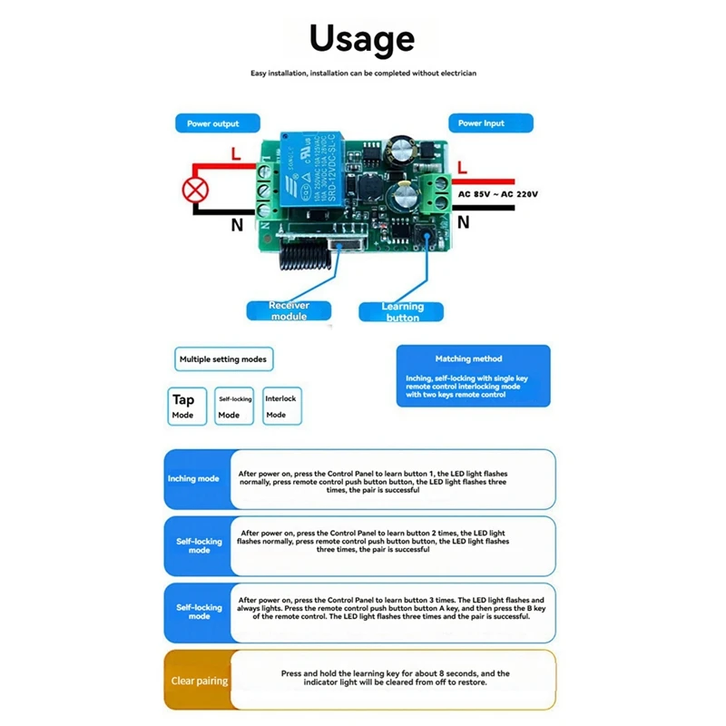 ガレージドア用ワイヤレスリモコンスイッチ,モーターライト,RFリレー,433MHz, 12V