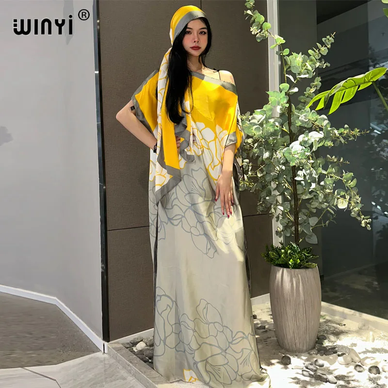 WINYI-caftán Dashiki musulmán para mujer, ropa Africana suelta de seda, diseño estampado de moda con bufanda, Vestido de playa suelto, Dubái, nuevo