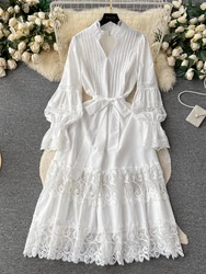 Women Elegant White Pleated Dress Spring Autumn Long Sleeve Fashion Patchwork Lace Dresses Ladies Slim A-line Vintage Long Robe