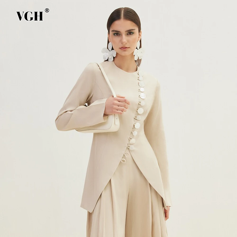 

VGH French Fashion Style Design Jacket for Women Round Neck Long Sleeves Patchwork Button Slim Slit Vest Female 2026 Spring New