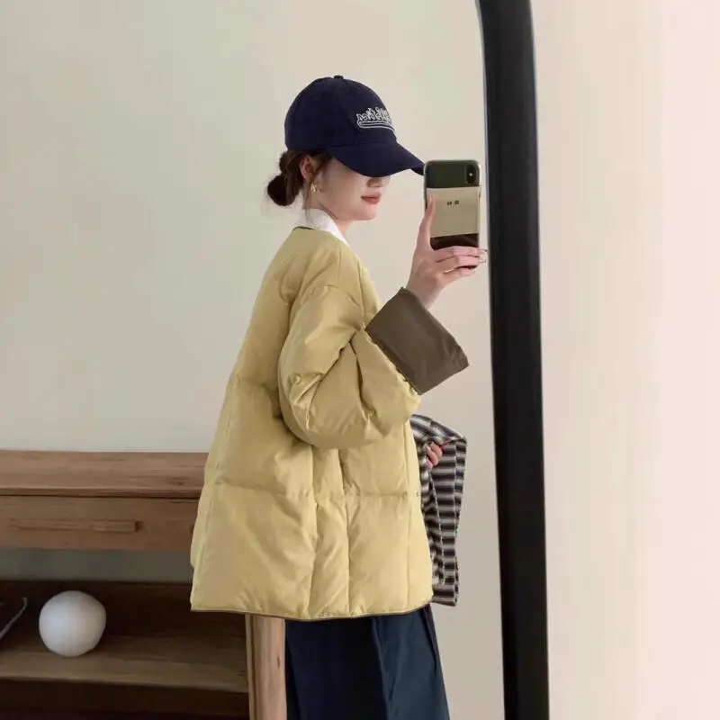 

Korean Style Thickened Women's Down Jacket Color Blocking Minimalist Loose Girl's Student Puffer Jacket Shorty Top Autumn Winter