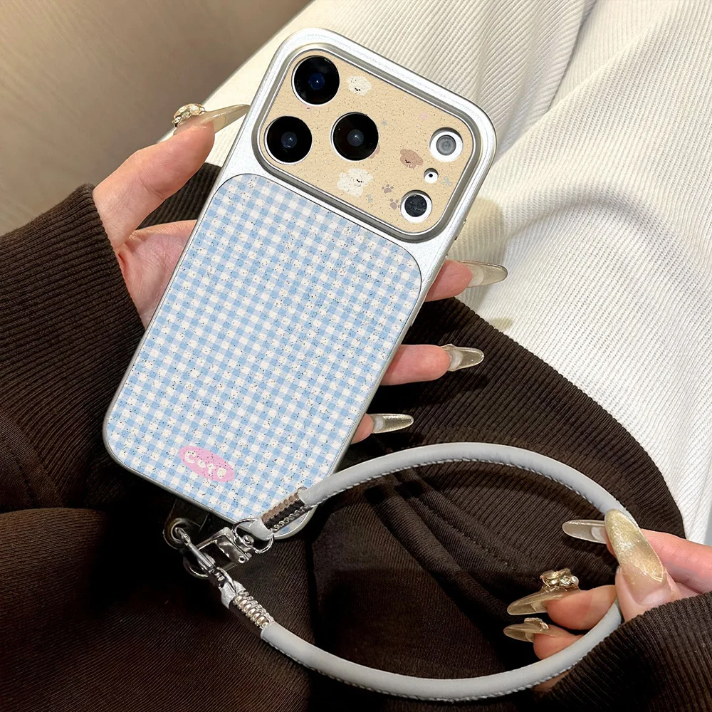 Blue And White Chequered Puppy Faux Lychee‑leather Case For iPhone 18 Pro 17 Pro Max 16 15 Pro 14 13 12 11 Cover With Lanyard view 4