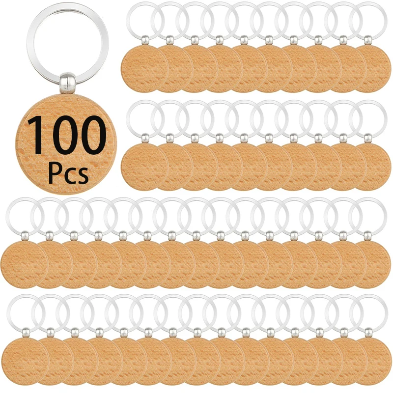 

100Pcs Blank Round-Shaped Wooden Keychain DIY Wood Car Keyring Bulk Wholesale