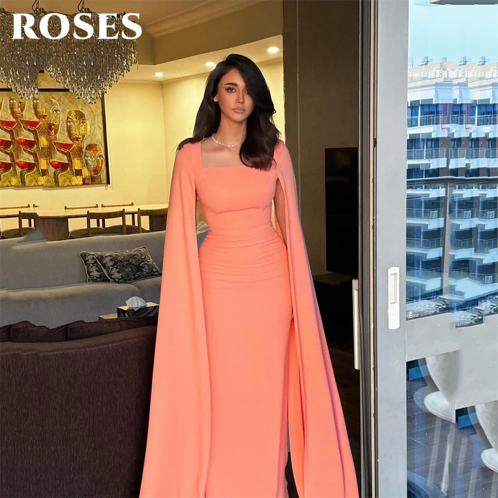 

ROSES Coral Evening Dress Square Neck Prom Dresses Cape Sleeve Party Formal Gown Satin Mermaid robe de bal for Woman Customized