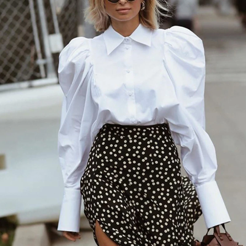 Biała, bufiasta koszula z luźnymi klapami, francuska koszula 2024, modny wiosenny top dla kobiet