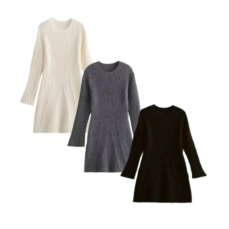 Femmes tricoté mince a-ligne moulante blanc robe mince col rond à manches longues robe solide décontracté Midi robe pull côtelé automne hiver