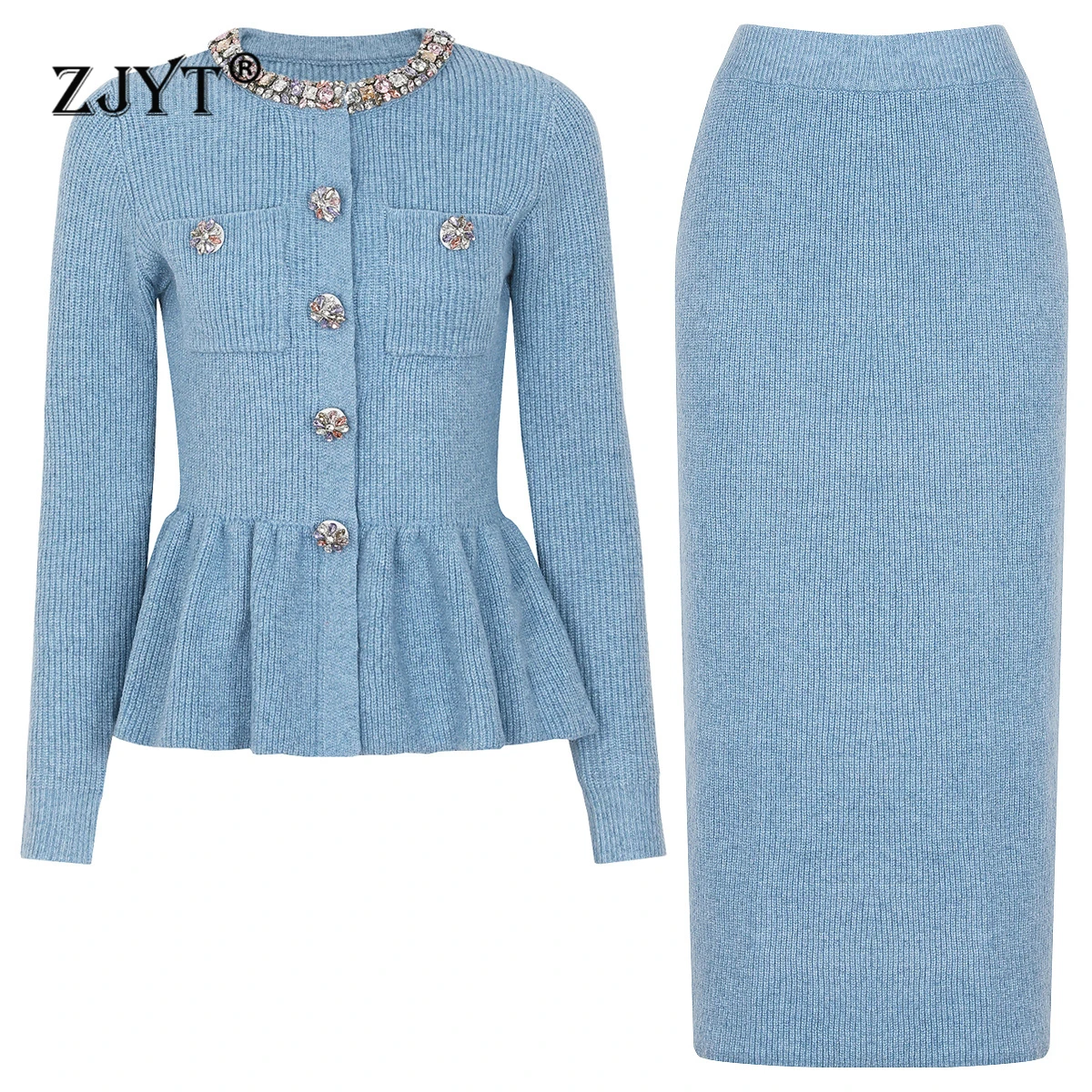 Zjyt elegante outono inverno luxo diamantes cardigans camisola e saia terno 2 peça conjunto de correspondência 2025 roupa feminina moda azul