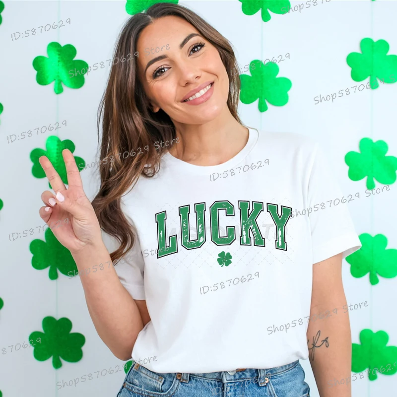 Women St Patrick's Day T-shirt Funny Lucky Letter Graphic Green Clover Shirt Short Sleeve Round Neck Tee St Patrick's Day Tshirt