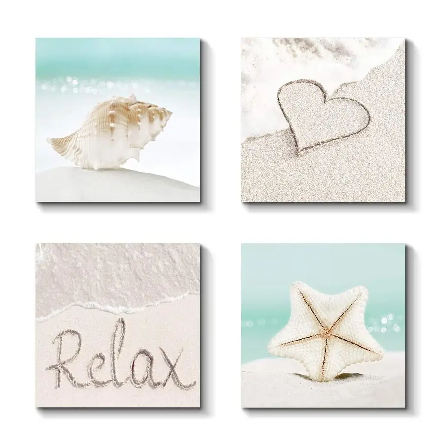 

TAR STUDIO Beach Wall Art Canvas Artwork Coastal Sand Painting Seashell and Starfish Picture Print for Bathroom 12 x 12 x 4 PCS,