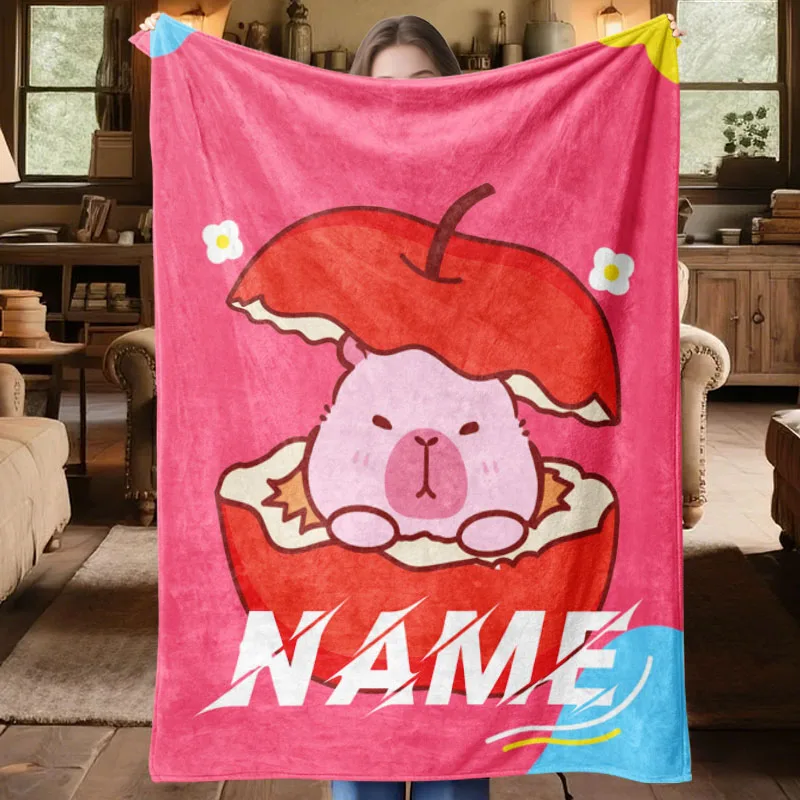 

1Pc Custom Name Apple Piggy Flannel Blanket Suitable for Living Room Bedroom Dorm Study Office Cozy Decor Perfect Gift
