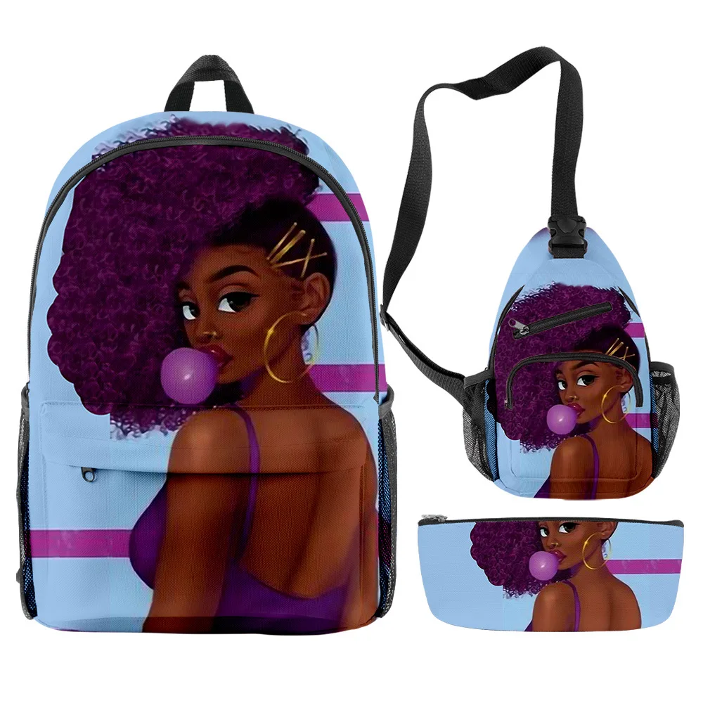 

Cartoon Youthful Novelty Funny African Girl 3pcs/Set Backpack 3D Print Bookbag Laptop Daypack Backpacks Chest Bags Pencil Case
