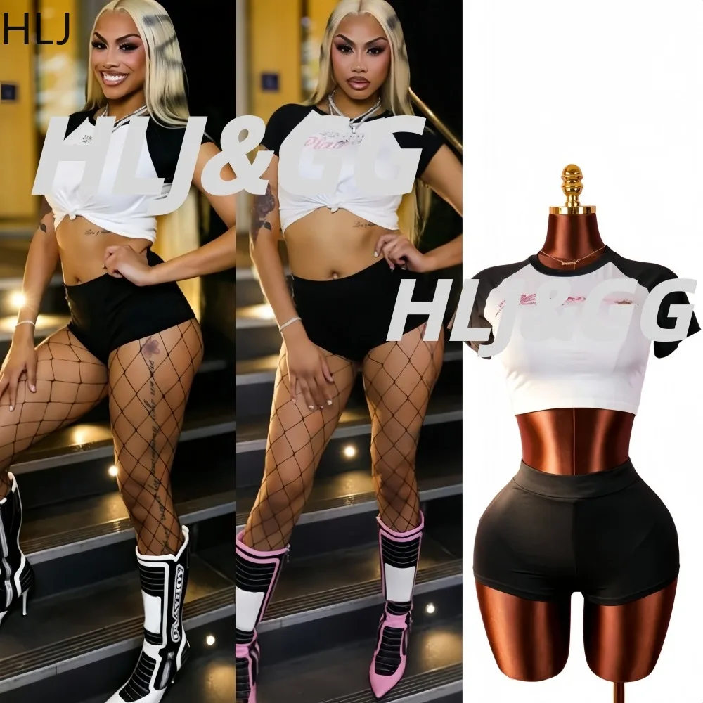 

HLJ Y2K Rhinestone Letter Print 2 Piece Matching Set for Women Raglan Sleeve Crop Top + Shorts Matching Casual Streetwear Summer