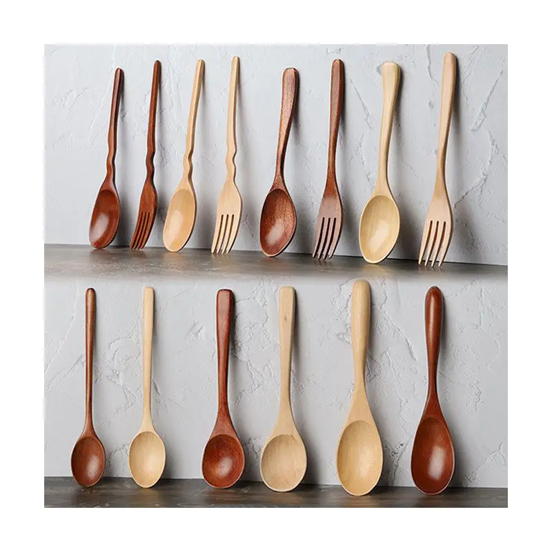 

10pcs Creative Wooden Spoon Western-Style Food Grade Spice Spoon Solid Color Long Bing Spoon Fork Wooden Spoon