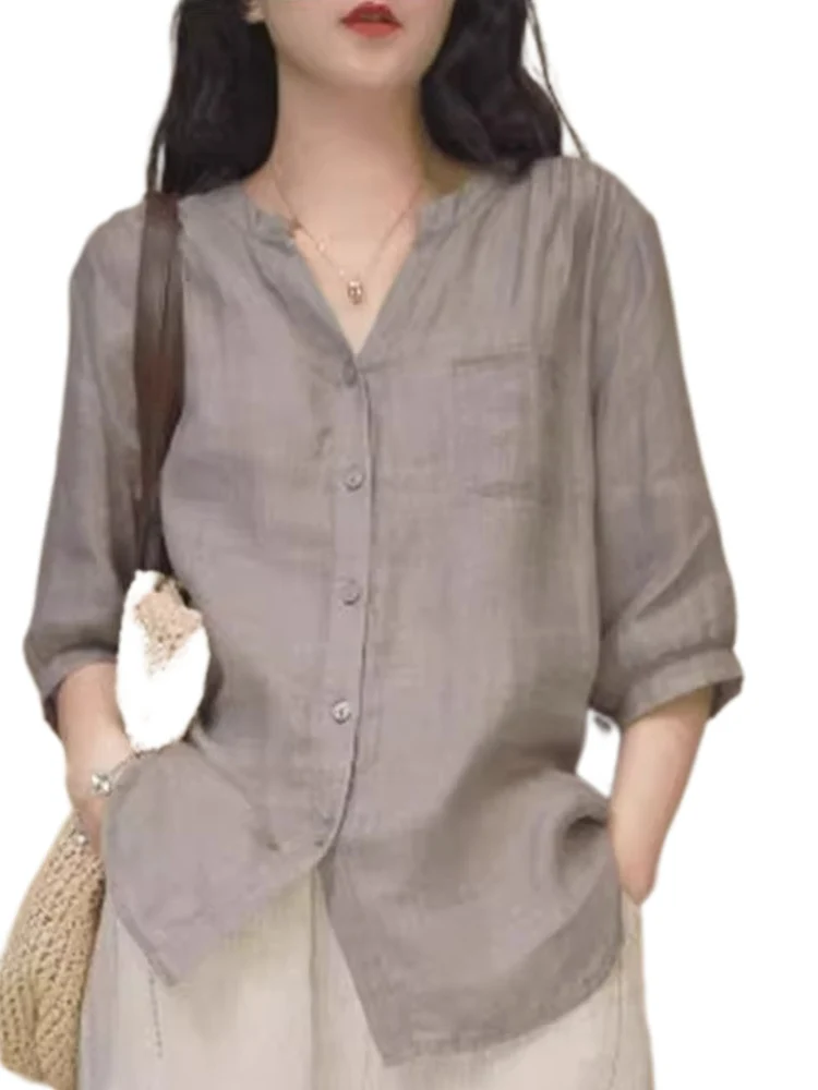 Retro linho algodão irt feminino verão solto fino ajuste casual cinco sve v-ne pequeno topo confortável respirável material fino