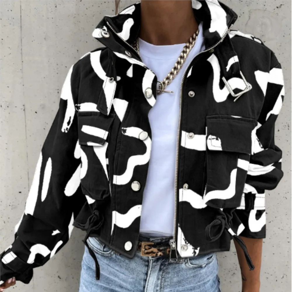 Autumn Winter Motorcycle Jacket Casual Fashion Print Street Style Long Sleeve Drawstring Zipper Pocket Lotus Leaf Collar Coats