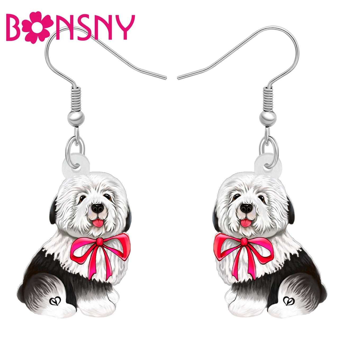 BONSNY Acrylic Cute Black White English Sheepdog Puppy Drop Dangle Earrings Jewelry For Women Girls Kids