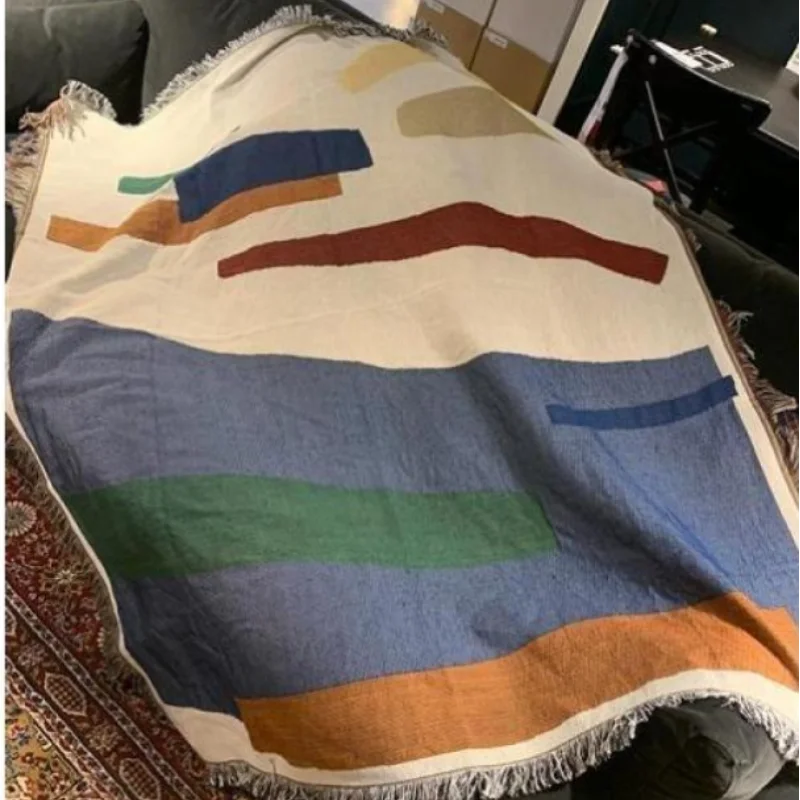 Abstract Geometric Jacquard Throw Blanket Bohemian Retro Color Block Woven Tapestry Mid-Century Modern Art Fringe Sofa Cover